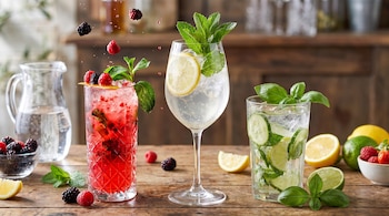 Tres vasos con bebidas frías, hielo, frambuesas, moras, rodajas de limón, lima, pepino y hojas de menta o albahaca sobre una mesa de madera con más frutas y un jarro de agua.