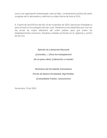 En su comunicado, el ELN