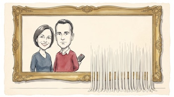 Ilustración de una pareja en un marco dorado, donde el lienzo derecho cuelga triturado en tiras y el hombre sostiene un control remoto.