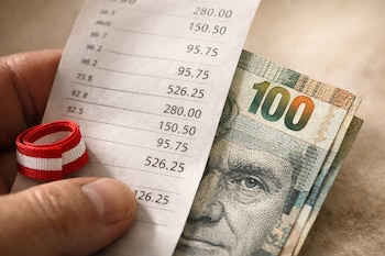 Mano sosteniendo un recibo con números, billete de cien soles peruanos parcialmente visible y una cinta roja y blanca enrollada