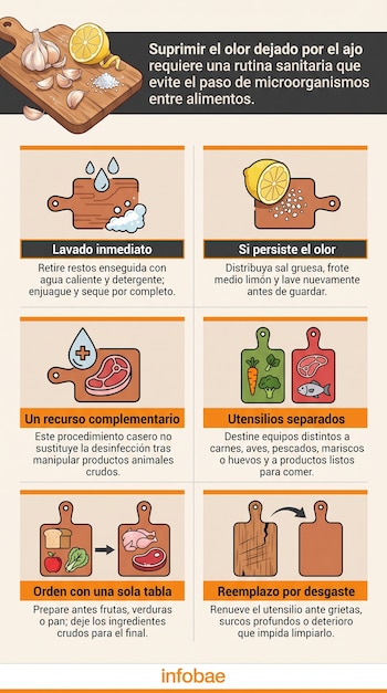 Infografía con ilustraciones de tablas de picar, ajos, limones, carne y pan que explican pasos de limpieza y manejo de utensilios.