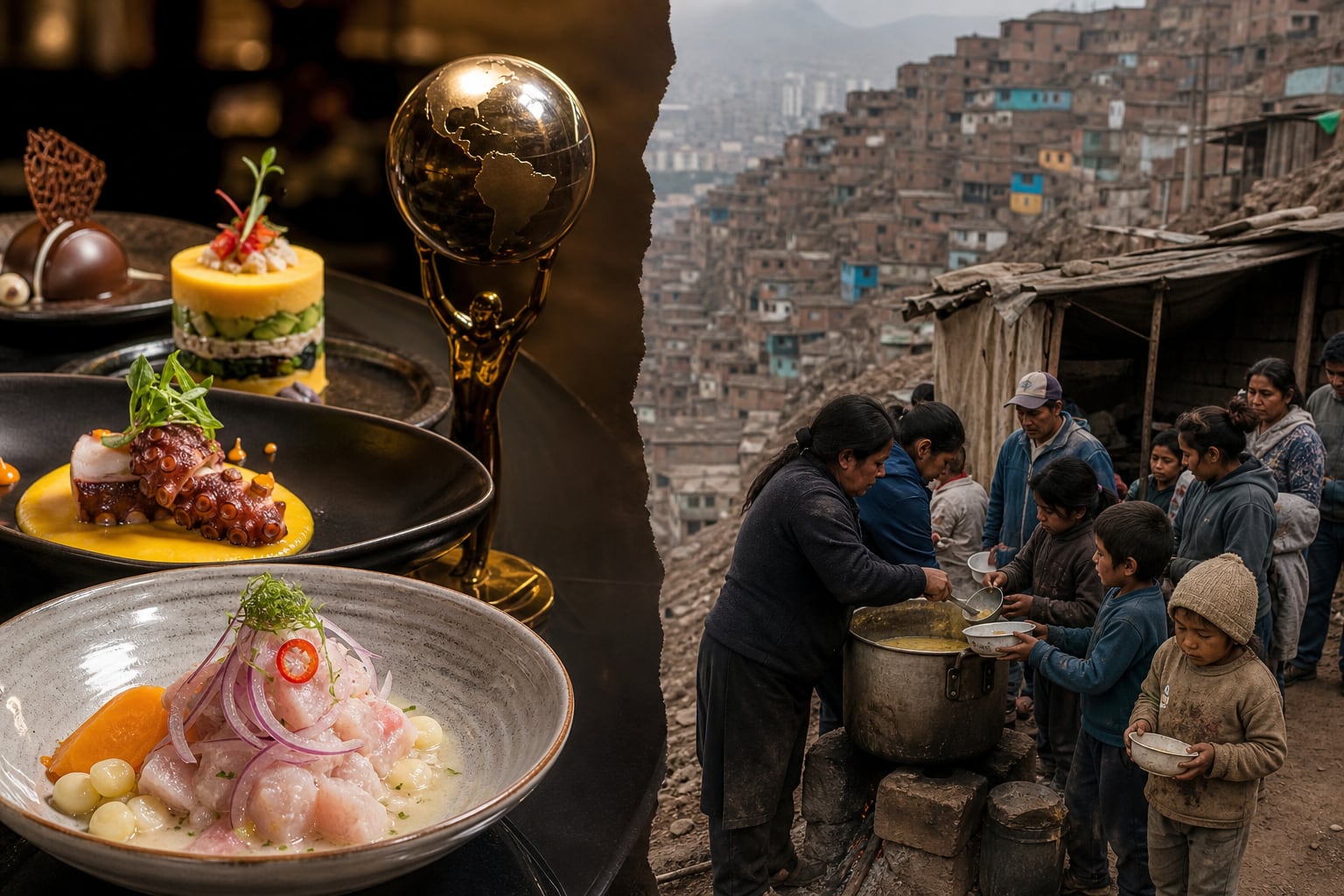 Una composición expone la brecha entre la alta cocina premiada del Perú y el uso de ollas comunes en sectores vulnerables de Lima. (Imagen Ilustrativa Infobae)