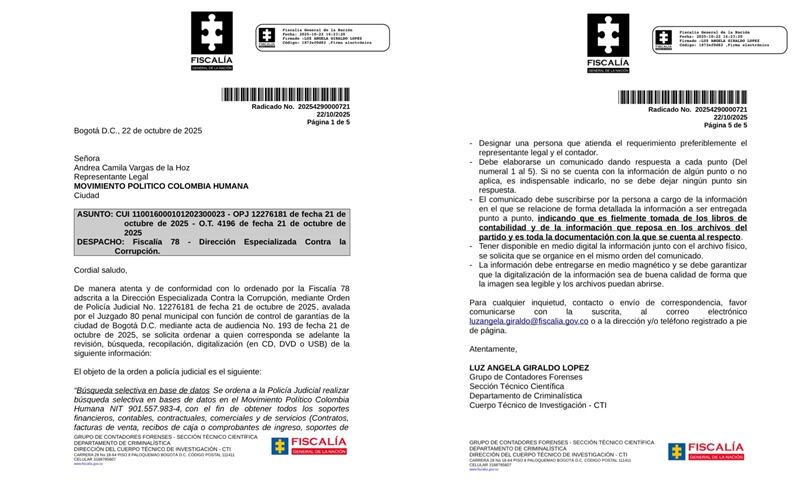 Estos son apartes del oficio de la Fiscalía con el que se ordenó la inspección a la sede de Colombia Humana - crédito suministrado a Infobae Colombia