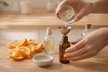 Manos vierten líquido en una botella marrón con un embudo. Cáscaras de naranja, una botella con atomizador y un cuenco con líquido sobre una mesa de madera.