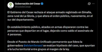 La Gobernación del Cesar confirmó la muerte de cuatro personas y mantiene la información bajo revisión en un Puesto de Mando Unificado liderado por Elvia Milena Sanjuán - crédito @GobdelCesar / X