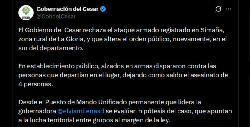 La Gobernación del Cesar confirmó la muerte de cuatro personas y mantiene la información bajo revisión en un Puesto de Mando Unificado liderado por Elvia Milena Sanjuán - crédito @GobdelCesar / X