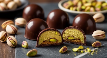Bombones de chocolate con relleno cremoso de pistacho verde, algunos partidos, junto a pistachos enteros y troceados sobre una superficie oscura.