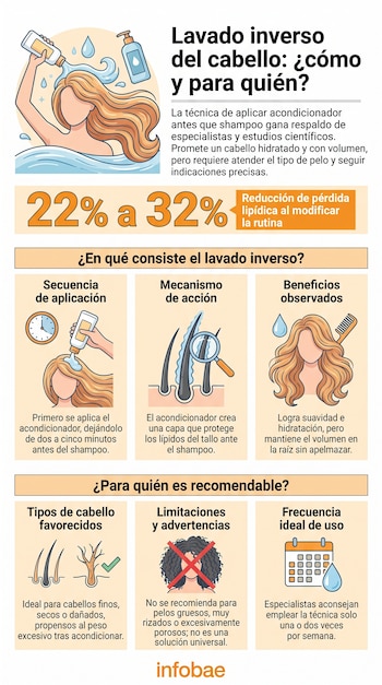 Infografía del lavado inverso del cabello. Muestra mujer lavando su pelo, botellas, porcentaje de reducción lipídica e iconos explicativos.