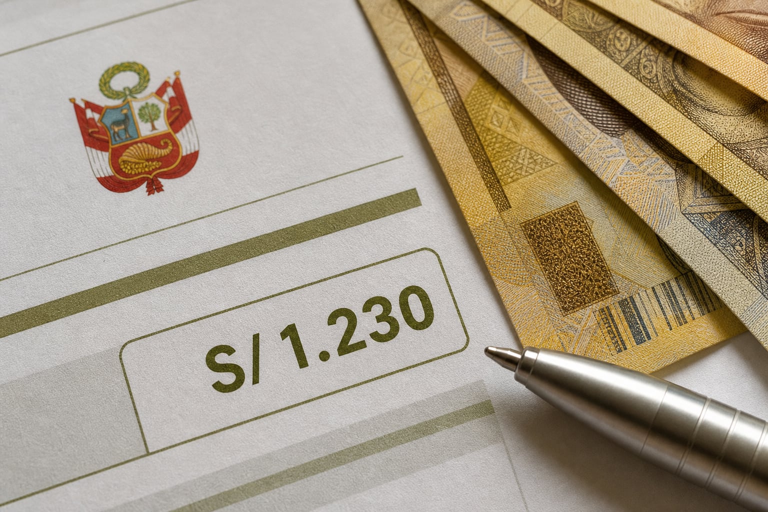 Un comprobante de pago oficial con el escudo de Perú señala un salario de 1.230 soles junto a varios billetes y un bolígrafo metálico. (Imagen Ilustrativa Infobae)