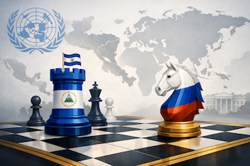 Tablero de ajedrez con una torre con la bandera de Nicaragua y un caballo con los colores de Rusia. Al fondo, mapa mundial, logo de la ONU y silueta de la Casa Blanca.