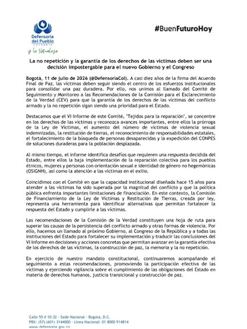 La Defensoría emitió el comunicado la mañana del sábado 11 de julio de 2026, a poco más de cuatro meses para que se cumpla una década de la firma del Acuerdo de Paz - crédito Defensoría del Pueblo
