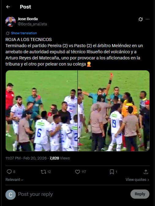 El momento cuando el analista arbitral explica lo ocurrido al final del empate entre Deportivo Pereira y Deportivo Pasto-crédito @Borda_analista/X