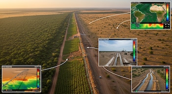 Vista aérea de la Gran Muralla Verde en África, mostrando una franja de bosque verde y un paisaje árido con caminos. Incluye paneles de datos y sistemas de riego.