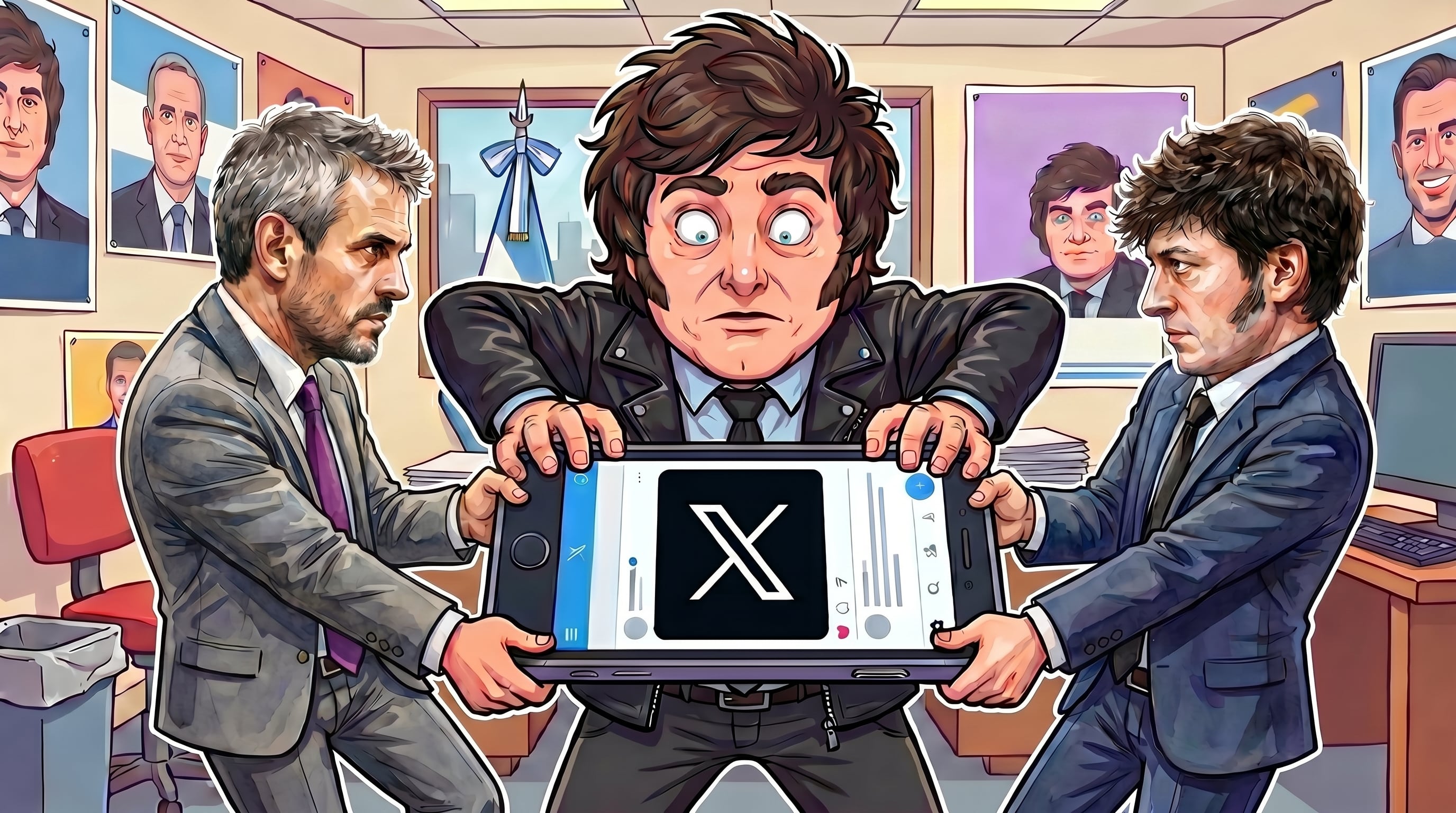 En una ilustración que refleja la tensión política, Javier Milei y dos figuras de la oposición se disputan una tablet con el logo de X, simbolizando la batalla por el poder digital. (Imagen Ilustrativa Infobae)