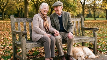 Una pareja de adultos mayores sentada en un banco de madera, con un perro golden retriever durmiendo debajo, y hojas secas de otoño esparcidas en el suelo.