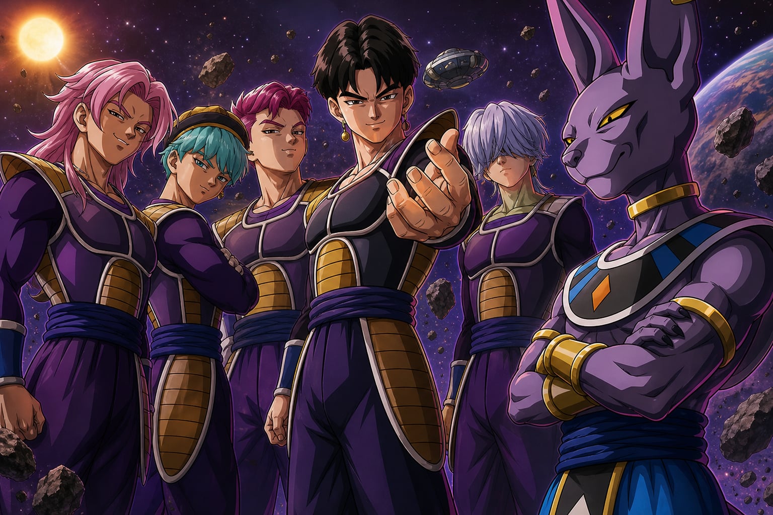 Los integrantes del grupo Saja Boys visten armaduras espaciales junto al personaje Beerus en un escenario del universo de Dragon Ball Super. (Imagen Ilustrativa Infobae)