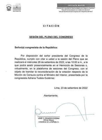Convocatoria a Pleno del Congreso