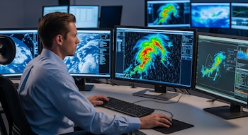 Un hombre sentado frente a un escritorio con varios monitores que muestran mapas meteorológicos, imágenes de radar y satélite, teclado y ratón.
