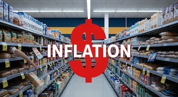 Pasillo de supermercado con estantes de alimentos básicos y precios. Una mano de adulto alcanza pan. Símbolo rojo de dólar y 'INFLATION' superpuestos al centro.