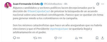 Cristo defendió que la prioridad es un acuerdo nacional y no una constituyente, insistiendo en la necesidad de consensos políticos - crédito @CristoBustos/X
