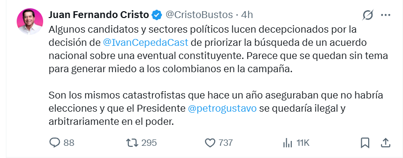 Cristo defendió que la prioridad es un acuerdo nacional y no una constituyente, insistiendo en la necesidad de consensos políticos - crédito @CristoBustos/X