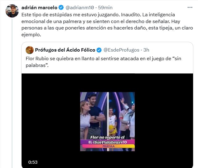 Adrián Marcelo arremetió contra Flor Rubio en X. (Foto: Captura de pantalla, X)