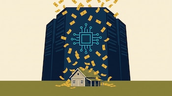 Ilustración de una casa pequeña frente a grandes servidores de datos con un icono de procesador y billetes de dólar que caen desde arriba