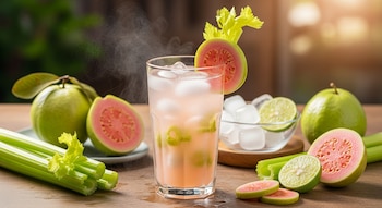 Vaso de agua de guayaba y apio con hielo y vapor, rodeado de guayabas enteras y cortadas, tallos de apio y rodajas de lima sobre una mesa de madera.