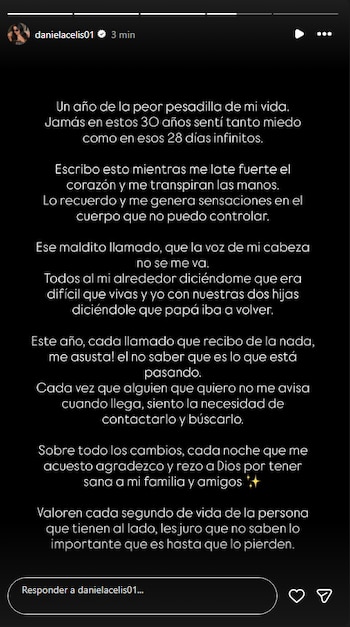 Captura de pantalla de una historia de Instagram de la cuenta danielacelis01 con un texto escrito en blanco sobre fondo negro