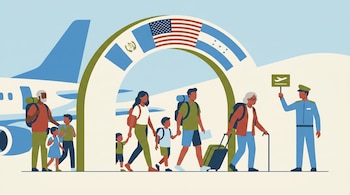 Ilustración plana de turistas de diversas edades bajando de un avión y cruzando una puerta de bienvenida con banderas de Guatemala, EE. UU. y Honduras. Un oficial los saluda.