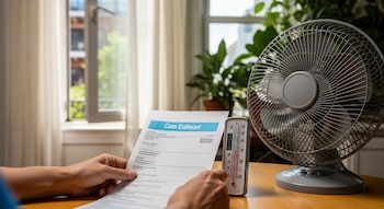 Primer plano de manos sosteniendo una factura de Con Edison sobre una mesa. Un ventilador encendido y un termómetro con alta temperatura son visibles, con una ventana abierta de fondo.