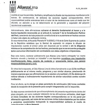 Carta notarial de Alianza Lima a Vivian Baella. Crédito: Puro Vóley.