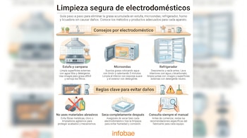 Infografía con ilustraciones de una estufa, un microondas y un refrigerador, acompañados de textos explicativos y el logotipo de Infobae.