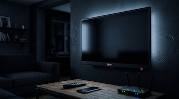 Un televisor LG instalado en la pared junto a una mesa con un mando a distancia, un teléfono móvil y un router con luces de red.