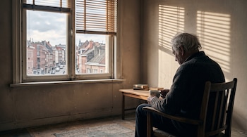 Hombre mayor de espaldas sentado en una silla de madera sosteniendo una taza junto a una ventana que da a una calle con edificios.