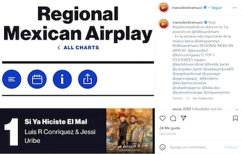 Mano de Obra, el sello de Jessi Uribe, felicitó al santandereano por su logro en las listas Billboard