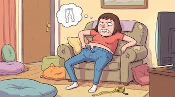 Una mujer con pelo castaño corto, camiseta roja y vaqueros azules, lucha por abrocharse los pantalones sentada en un sillón, con una cinta métrica en el suelo.