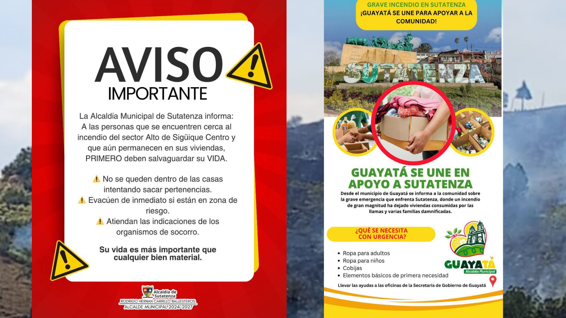 Las alcaldía de Sutatenza y Guayatá, Boyacá, acudieron a la ciudadanía para alertar sobre el incendio forestal - crédito Alcaldía de Sutatenza; Alcaldía de Guayatá