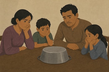 Ilustración de una madre, un padre y dos niños sentados a una mesa de madera frente a una olla metálica colocada boca abajo.