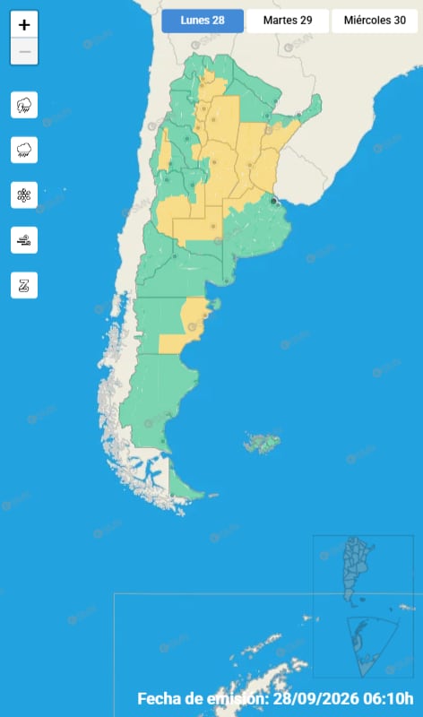 El mapa de alertas meteorológicas del SMN para este lunes
