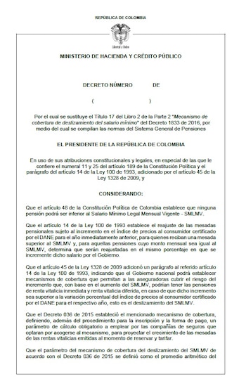 El proyecto de decreto del Ministerio de Hacienda busca restablecer el mecanismo de compensación para las aseguradoras que ofrecen rentas vitalicias a quienes se pensionan bajo el régimen privado - crédito Ministerio de Hacienda