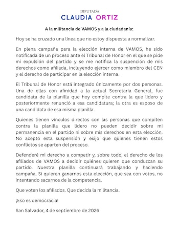 Ortiz sostuvo que la denuncia en su contra fue presentada durante la campaña de la planilla que lidera para competir en los comicios internos de Vamos./ (Redes sociales de Claudia Ortiz)