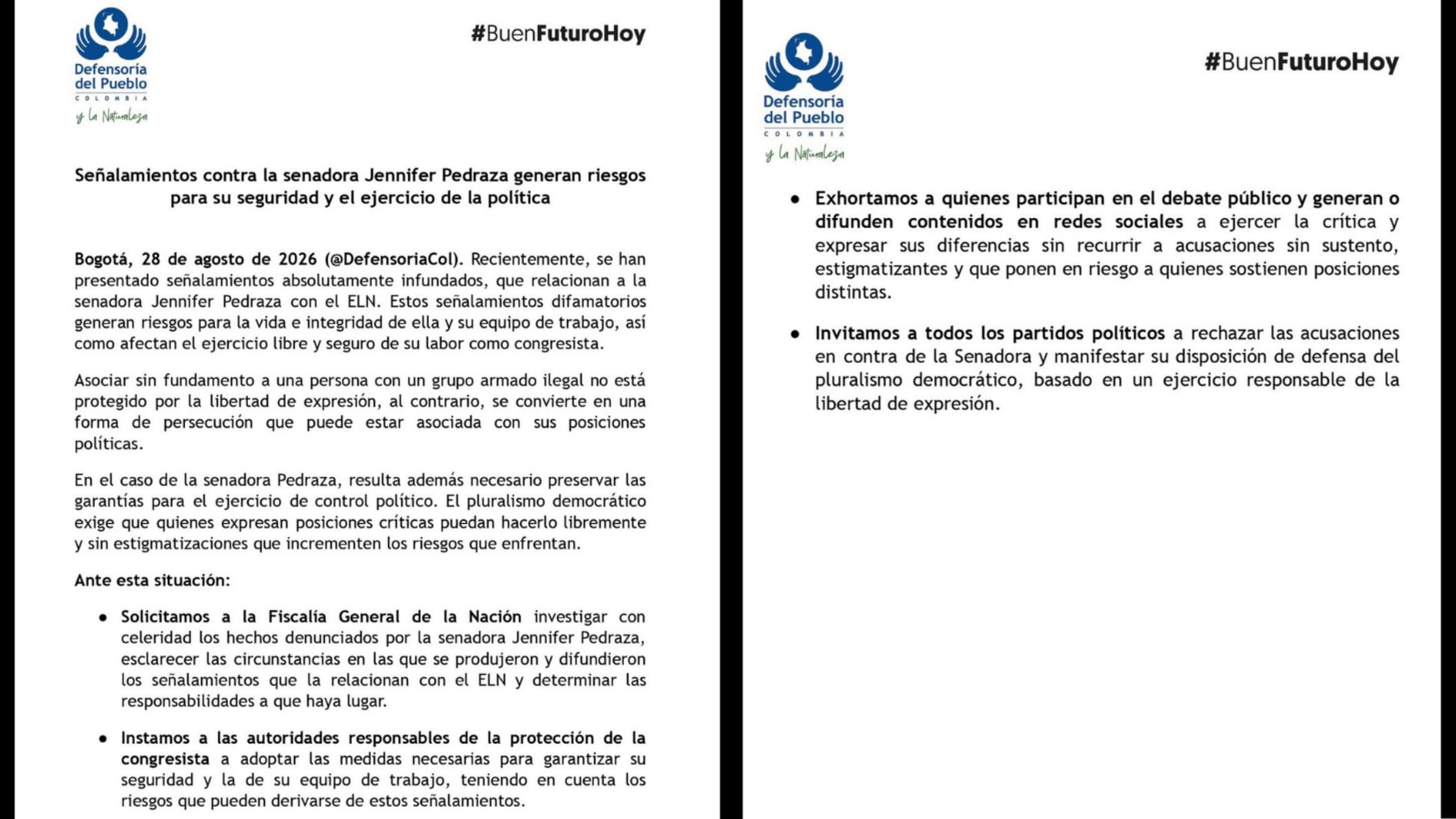 El comunicado de la Defensoría del Pueblo se emitió la noche del viernes 27 de agosto de 2026, mientras que la senadora interpuso las denuncias ante la Fiscalía el martes 25 de agosto - crédito @DefensoriaCol/X