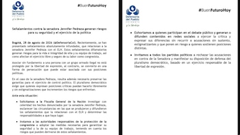 El comunicado de la Defensoría del Pueblo se emitió la noche del viernes 27 de agosto de 2026, mientras que la senadora interpuso las denuncias ante la Fiscalía el martes 25 de agosto - crédito @DefensoriaCol/X