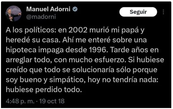 El mensaje de Adorni en 2018 que alude a la herencia que recibió de su papá