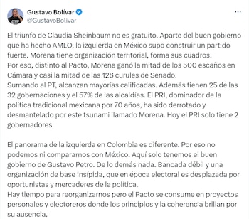 Gustavo Bolívar comparó la situación política de México con lo que se vive en Colombia - crédito red social X