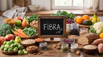Variedad de frutas, verduras, semillas, frutos secos, legumbres y pan junto a un pequeño pizarrón de madera con la palabra FIBRA escrita.