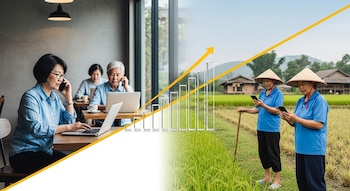 Imagen dividida conceptualmente: izquierda, adultos mayores asiáticos en café con laptops y teléfonos; derecha, agricultores asiáticos en arrozal con smartphones. Gráfico de barras ascendentes.