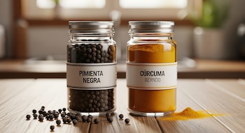 Dos frascos de cristal con etiquetas 'Pimienta Negra' y 'Cúrcuma' en una tabla de madera. Al lado, granos de pimienta y polvo de cúrcuma derramados.