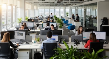 Espacio de oficina con varios trabajadores en escritorios, computadoras, teléfonos, paneles divisorios y plantas. Ventanas grandes a la izquierda con luz solar.